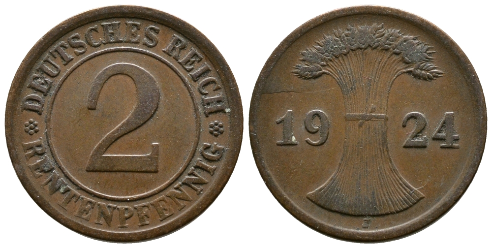 ГЕРМАНИЯ 2 РЕНТЕНПФЕННИГА 1924 J KM 31, J.307 бронза 93-126