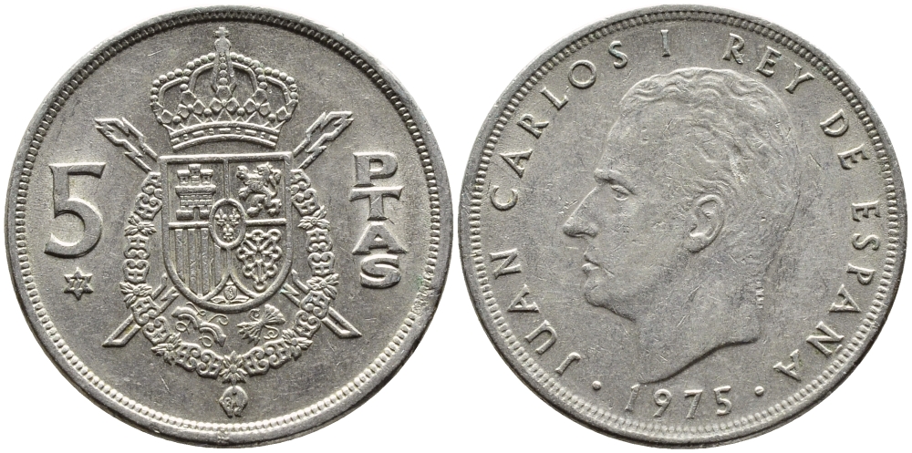 ИСПАНИЯ 5 ПЕСЕТ 1975 (77) ХУАН КАРЛОС I KM 807 медно-никель 4393-237
