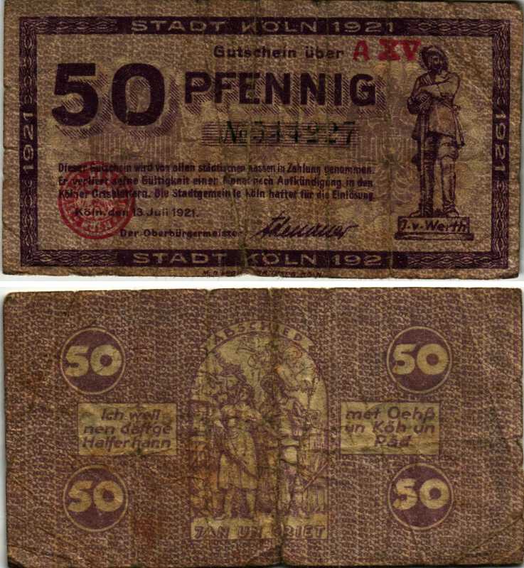 КЁЛЬН 50 ПФЕННИГОВ 1921 13 ИЮЛЯ 1921, НОТГЕЛЬД, ЗЕМЛЯ СЕВЕРНЫЙ РЕЙН-ВЕСТФАЛИЯ, СЕРИЯ AXV Keller К30.18c бумага 6318-28-2-1