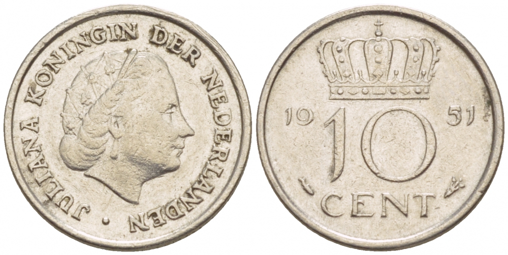 НИДЕРЛАНДЫ 10 ЦЕНТОВ 1950 ЮЛИАНА, ПЕРВЫЙ ГОД KM 182 никель 4547-825
