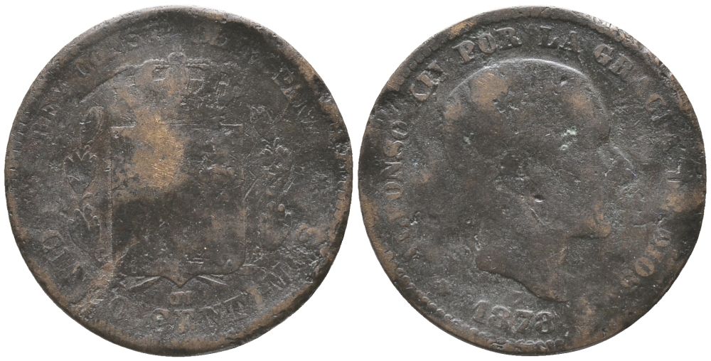 ИСПАНИЯ 5 СЕНТИМО 1878 OM, АЛЬФОНСО XII (1874-1885) KM 674(Y69) бронза 34-552