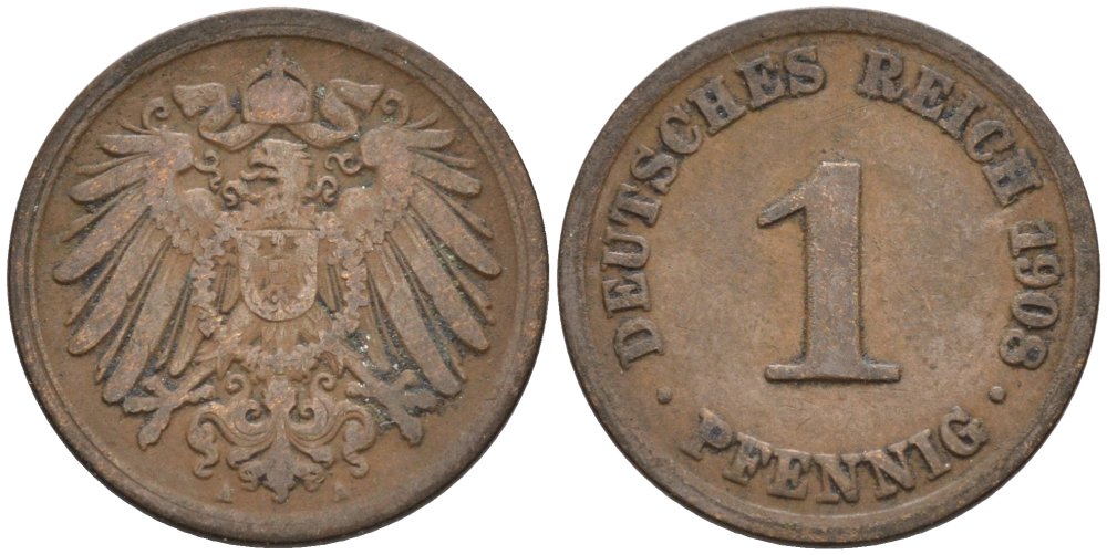 Германия 1 пфенниг 1908 A KM 10, J. 10 медь 4567-1257