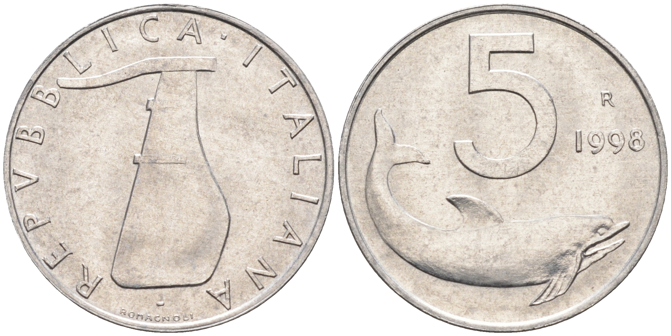 Италия 5 лир 1998 R, дельфин KM 92 алюминий  UNC  4594-728