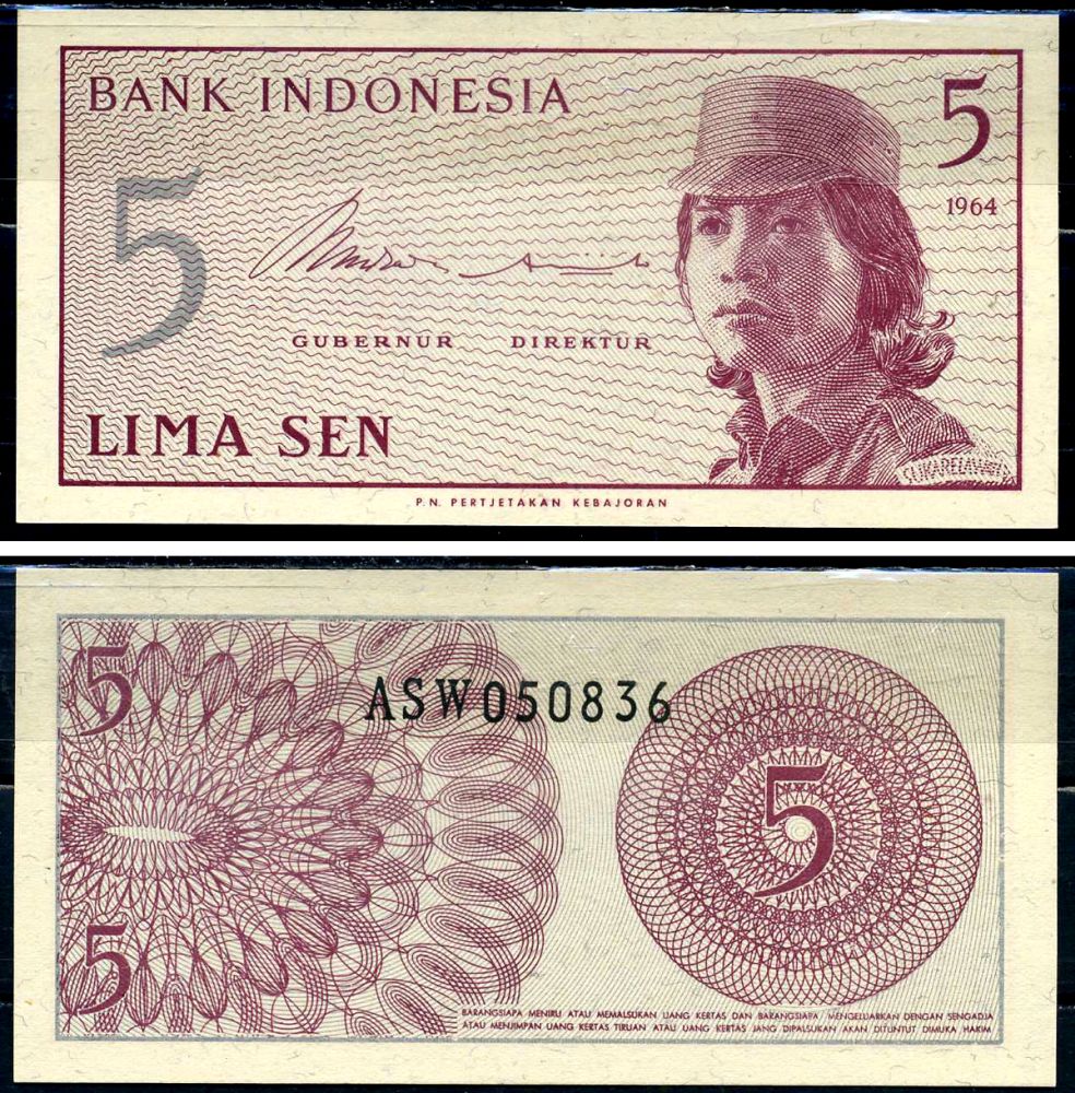 Индонезия 5 сенов 1964 девушка волонтер Pick 91 a  бумага  UNC (пресс) 2198-10-1-2