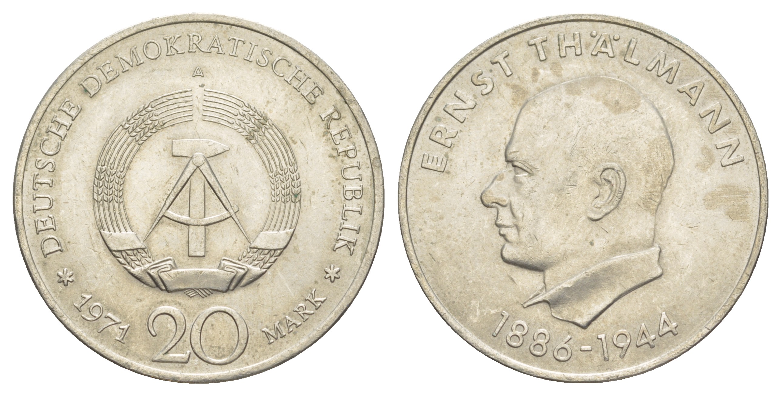 ГДР 20 марок 1971 A, 85 лет со дня рождения Эрнста Тельмана KM 34, J. 1535 медно-никель 4634-113