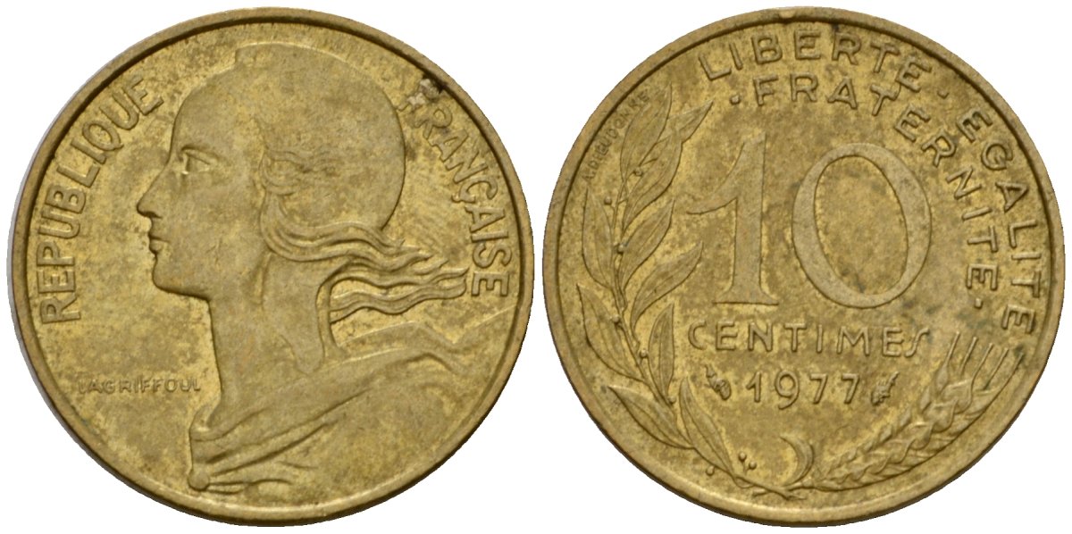 Франция 10 сантимов 1977 тип Marianne KM 929 алюминиевая бронза 4391-227