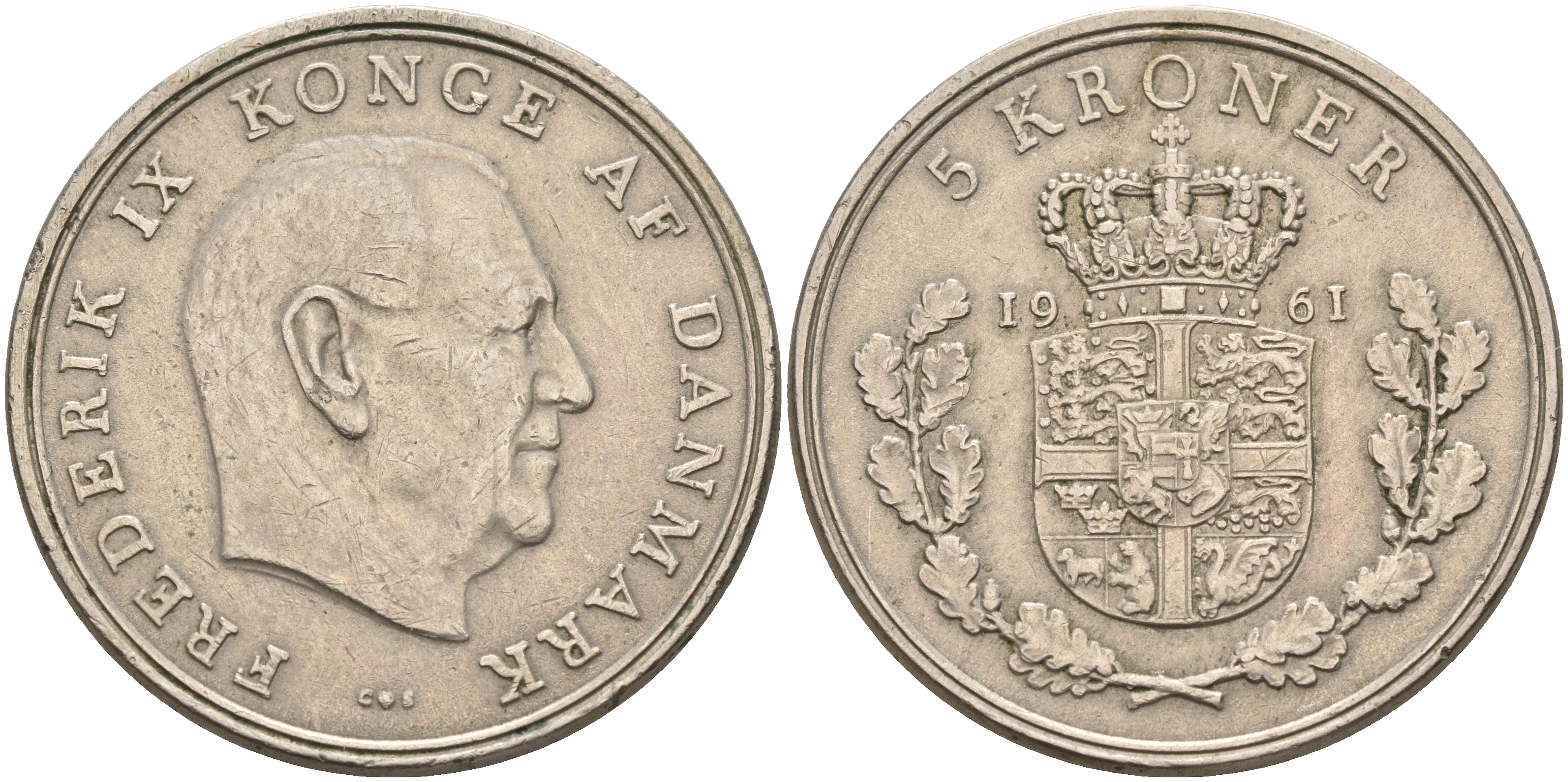 Дания 5 крон 1961 C; S, Фредерик IX (1947-1972) KM 853.1 медно-никель    4157-326