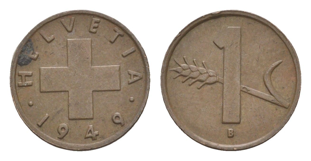 Швейцария 1 раппен 1949 B KM 46 бронза 4649-544