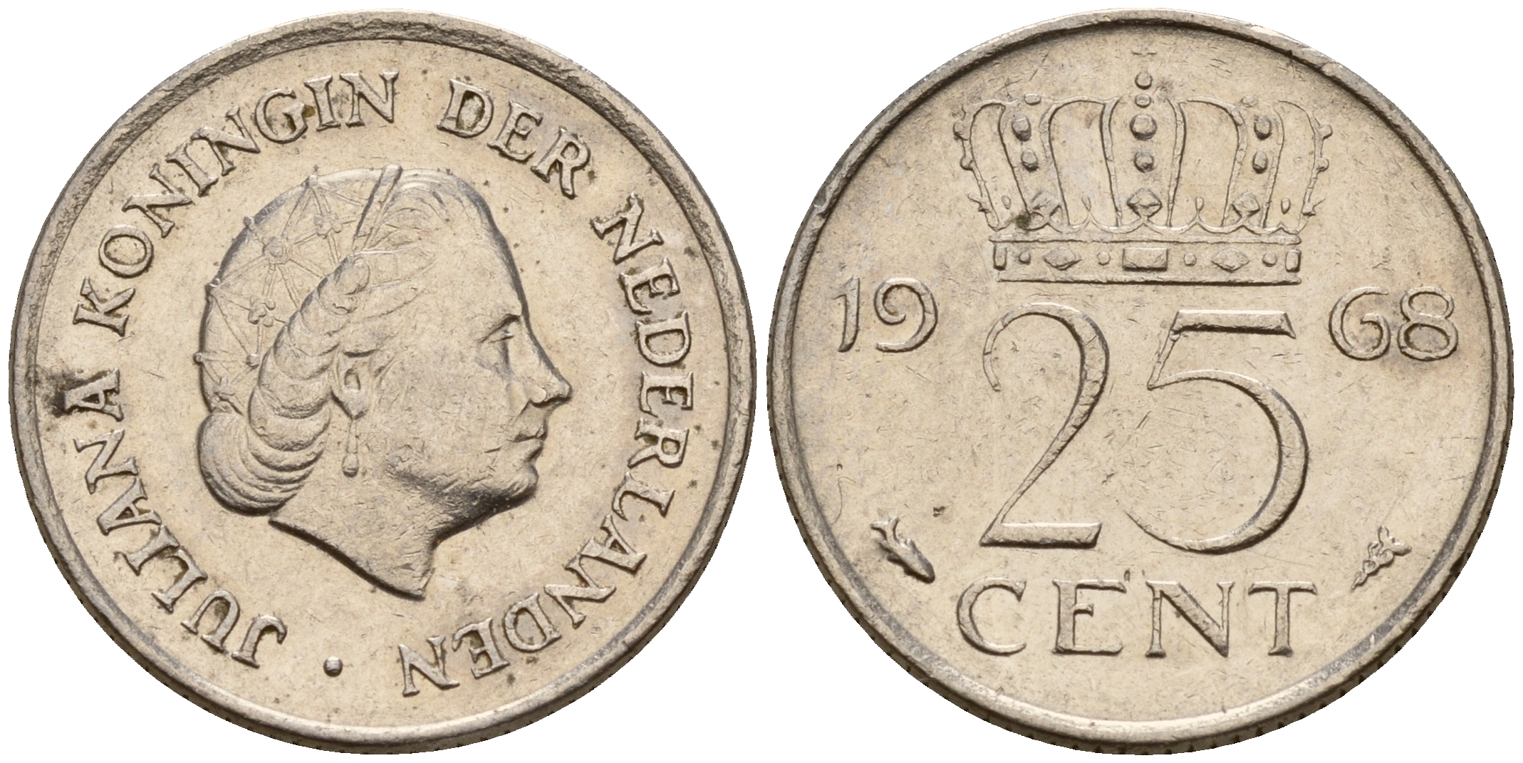 Нидерланды 25 центов 1968 Юлиана (1949-1980) KM 183 никель    4598-429