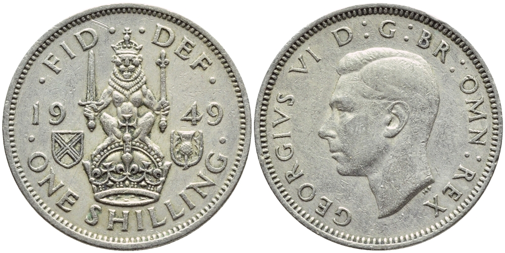 Великобритания 1 шиллинг 1949 Георг VI (1936-1952), Шотландский герб KM 877, Spink 4109 медно-никель 4395-1215