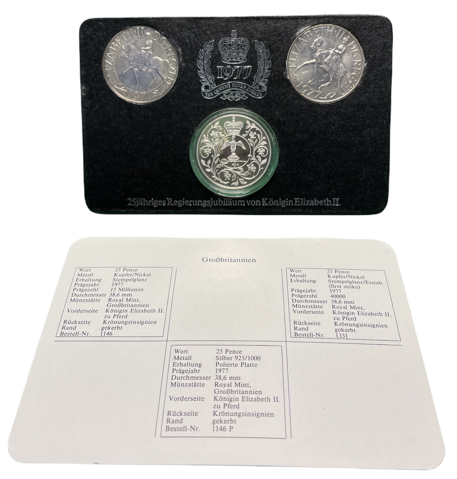 Великобритания набор из 3 монет по 25 пенсов 1977 25 лет со дня коронации Елизаветы, Елизавета II (1952-2022) KM 894 и 920a, Spink 4136 и 4227 медно-никель, серебро PROOF, UNC, UNC 7-5-1-14