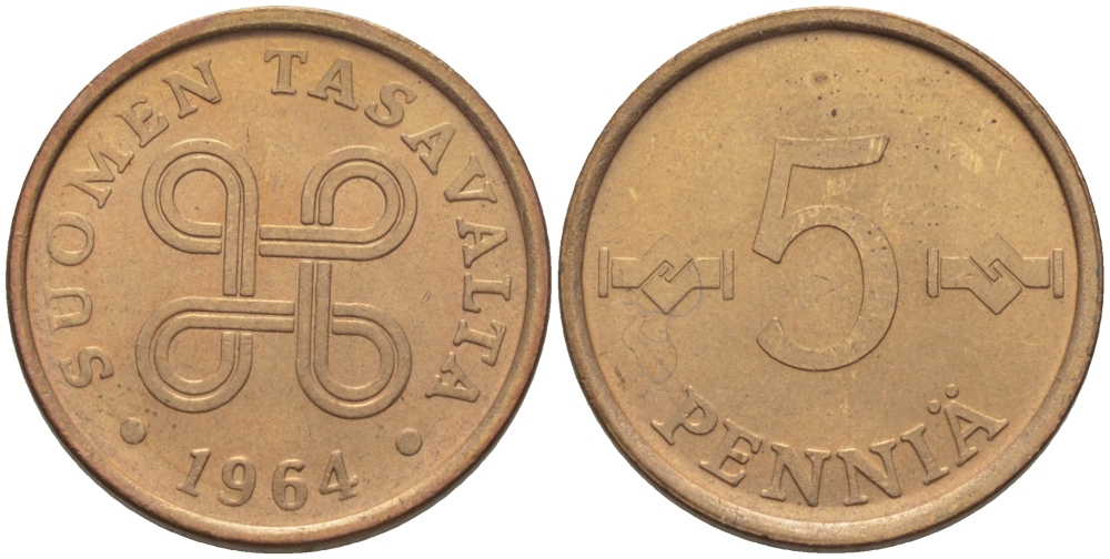 ФИНЛЯНДИЯ 5 ПЕННИ 1964 KM 45 медь 100-157