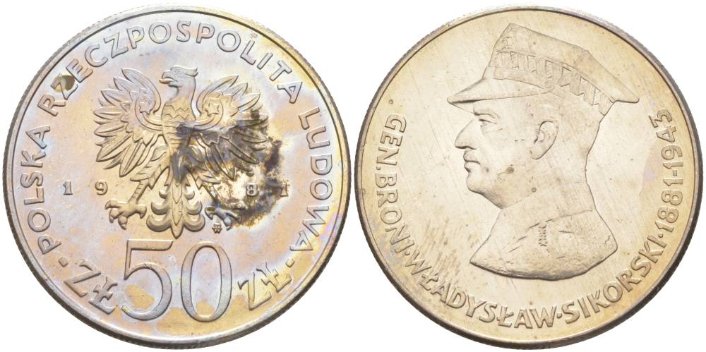 Польша 50 злотых 1981 MW, Военачальники Второй мировой войны - Владислав Сикорский Y 122 медно-никель UNC 1090-3-42