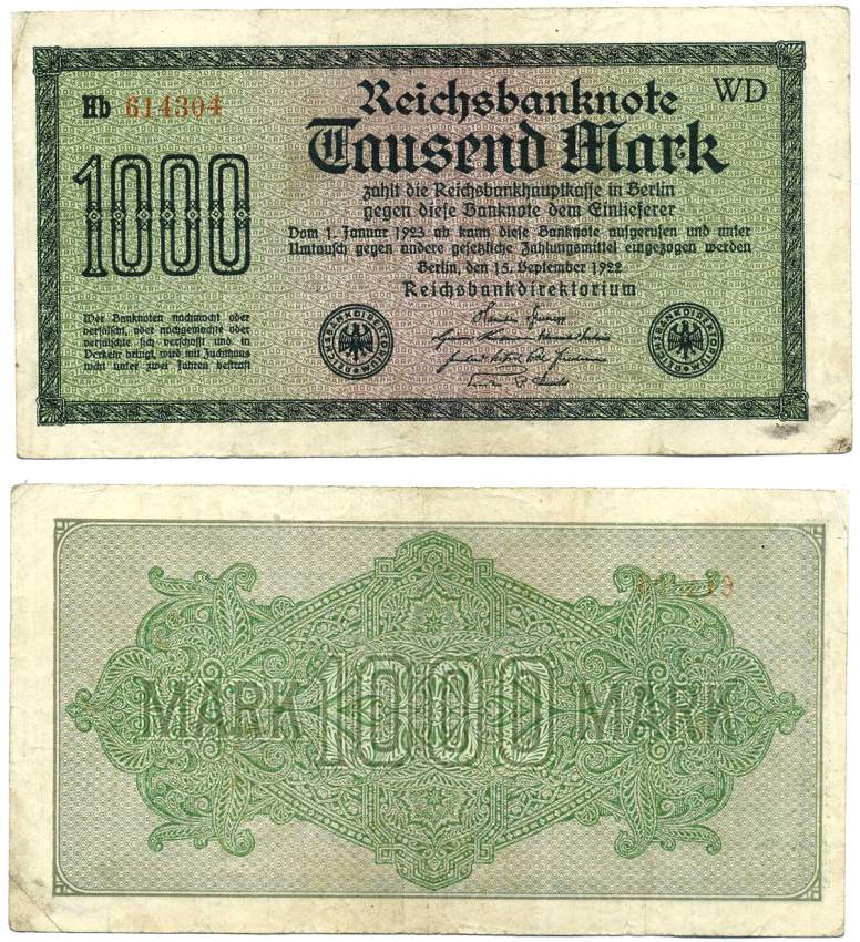 ГЕРМАНИЯ 1000 МАРОК 1922 СЕРИЯ WD, ВОДЯНОЙ ЗНАК №30, БУМАГА БЕЛАЯ Pick 76, Розенберг 75i бумага VF 8611-28-1-2