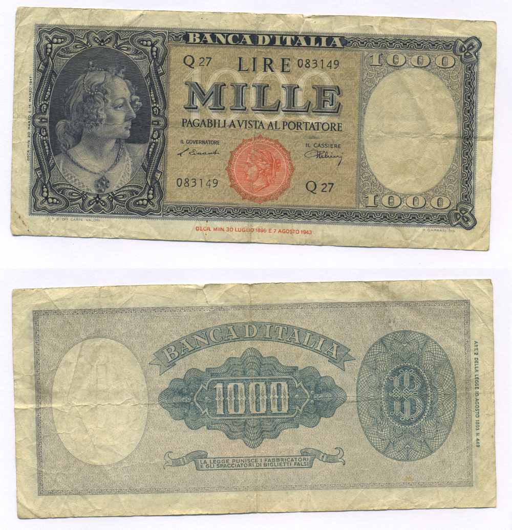 Италия 1000 лир 1947 Pick 81а бумага 7146-18-3-1