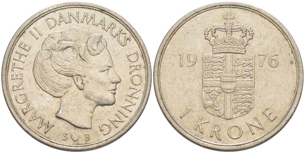 ДАНИЯ 1 КРОНА 1976 S; B, МАРГРЕТЕ II (1972-) KM 862.1 медно-никель 4388-444