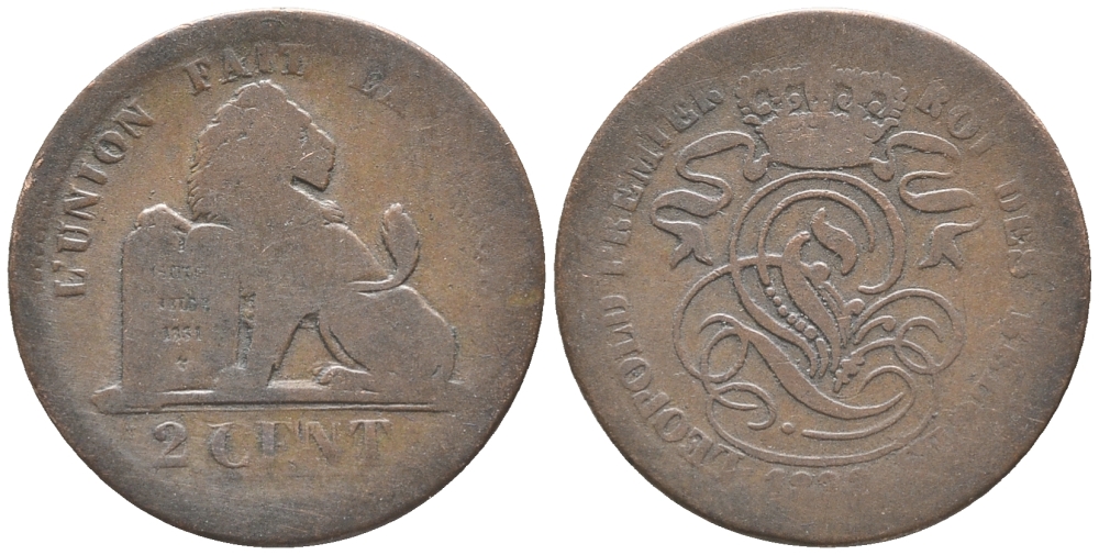 БЕЛЬГИЯ 2 САНТИМА 1833 KM 4.1 медь 34-333