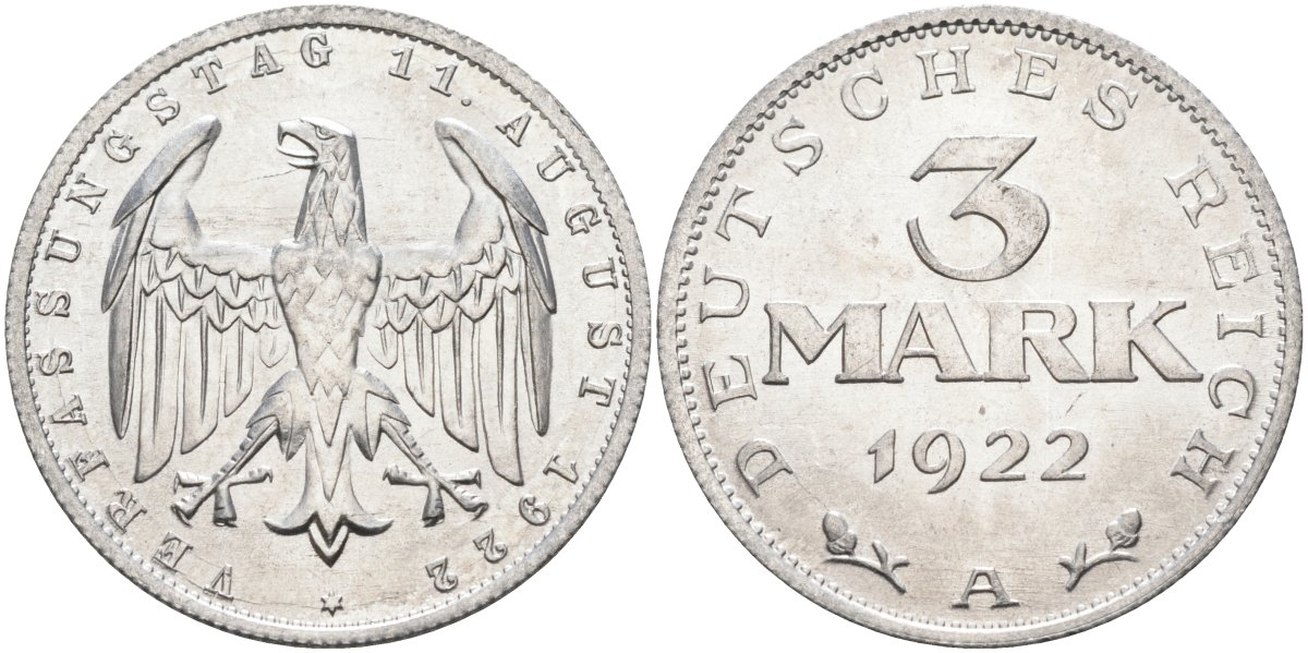 Германия 3 марки 1922 A, третья годовщина Веймарской Конституции KM 29, J.303 алюминий UNC 4587-321