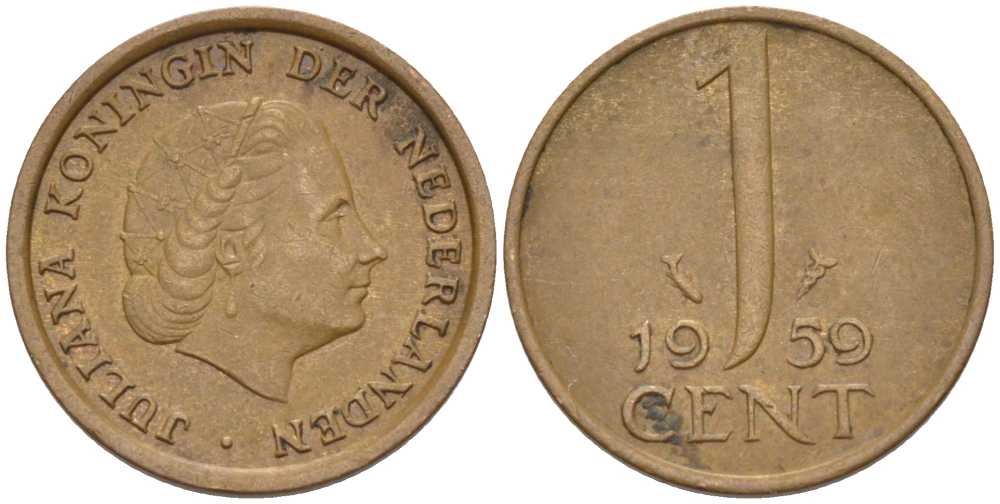 НИДЕРЛАНДЫ 1 ЦЕНТ 1959 ЮЛИАНА KM 180 бронза 66-853