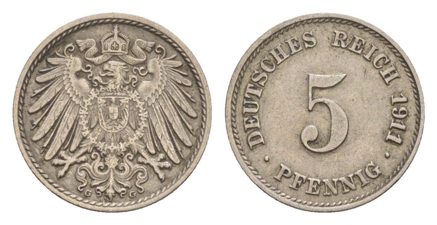 Германия 5 пфеннигов 1911 G, Вильгельм II (1888-1918) KM 11, J. 12 медно-никель 4640-136