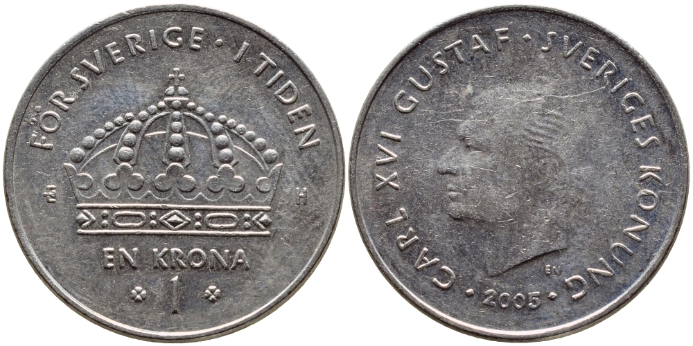 Швеция 1 крона 2005 Карл XVI Густав (1973- ) KM 894 медно-никель 93-117