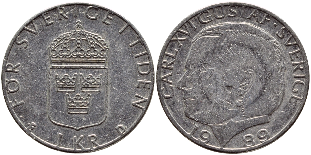 Швеция 1 крона 1989 Карл XVI Густав (1973- ) KM 852a медно-никель 4397-1246