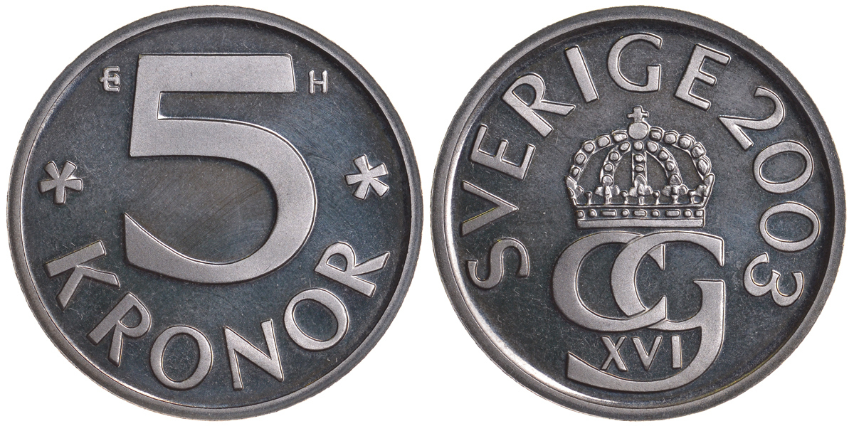 Швеция 5 крон 2003 H, Карл XVI Густав (1973- ) KM 853a медно-никель PROOFLIKE 59-235