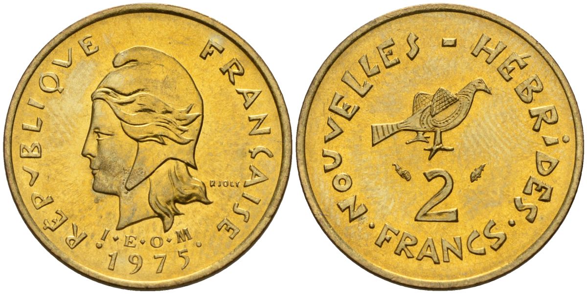 Французские Новые Гебриды 2 франка 1975 заморские территории KM 5.2 никель-латунь 4154-214