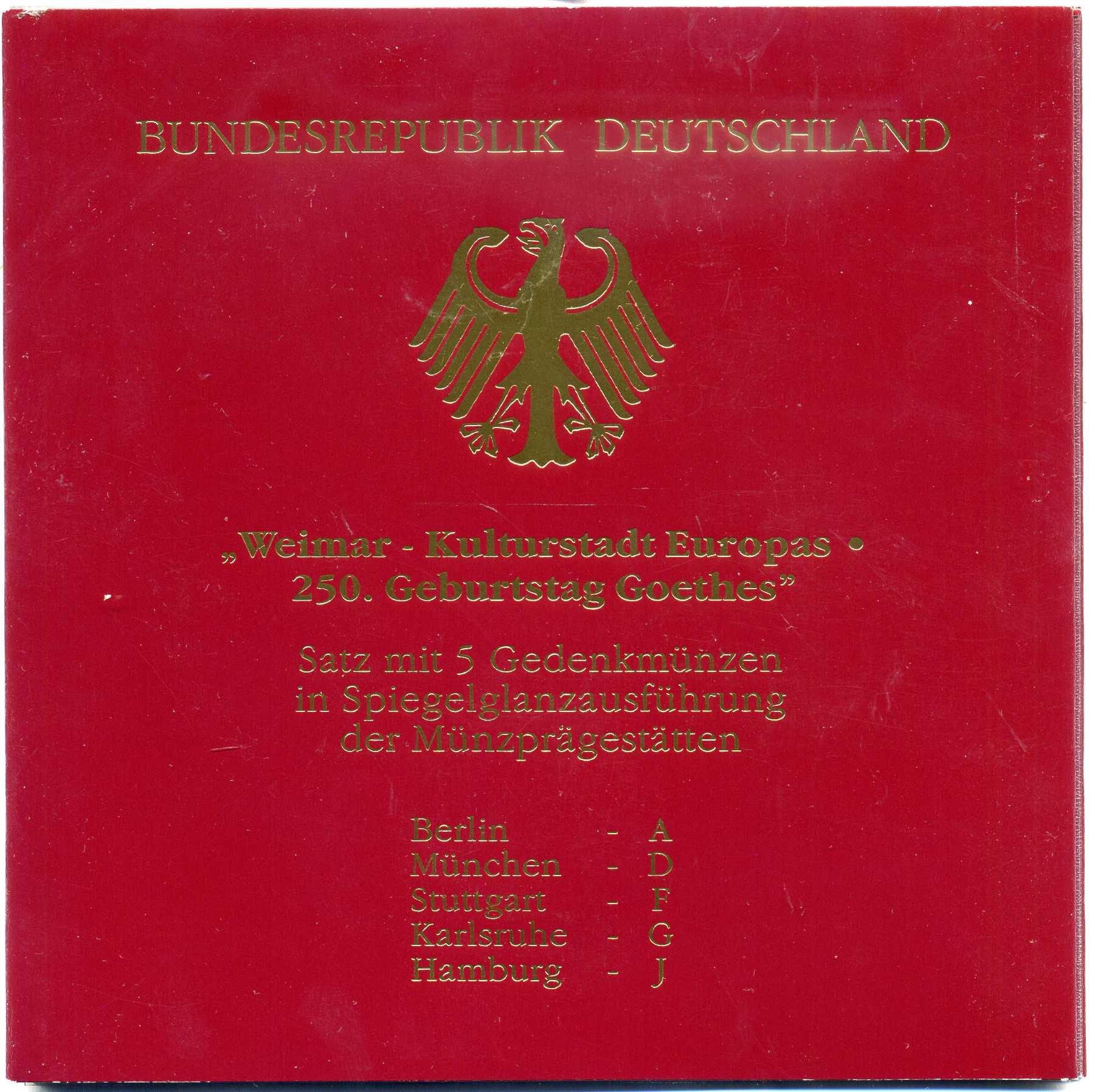 ФРГ набор из 5 штук по 10 марок 1999 A, D, F, G, J, 250 лет со дня рождения Иоганна Гете KM 197 серебро PROOF 6-5-2-6
