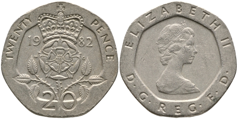 Великобритания 20 пенсов 1982 Елизавета II (1952-2022) KM 931, Spink 4230 (G1) медно-никель 65-955