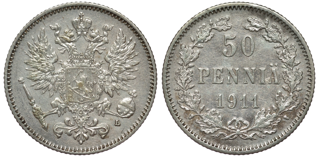 Россия для Финляндии 50 пенни 1911 L, Николай II (1894-1917) КМ 2.2, Биткин 404 серебро 75-845