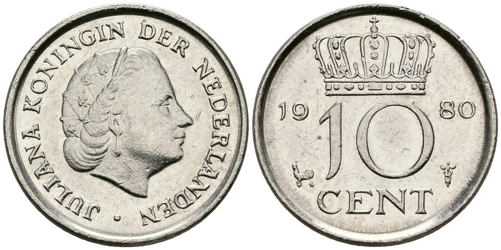 Нидерланды 10 центов 1980 Юлиана (1949-1980) KM 182 никель 96-461