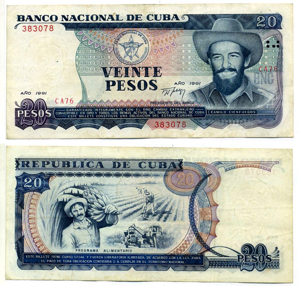 Куба 20 песо 1991 Камило Сьенфуэгос Pick 110а бумага 8613-52-2-2