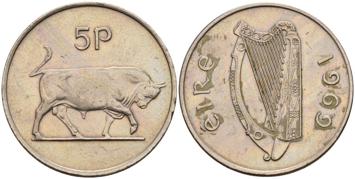 Ирландия 5 пенсов 1969 бык KM 22 медно-никель 4141-252