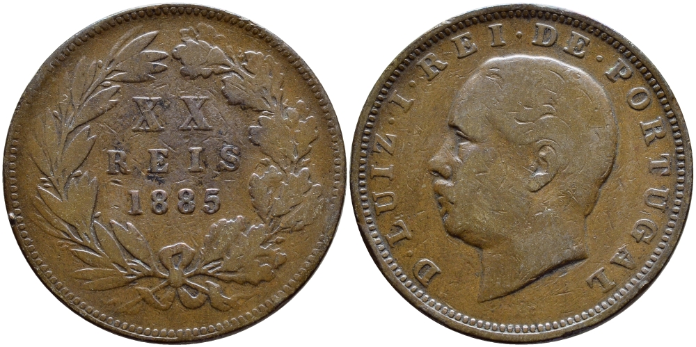 ПОРТУГАЛИЯ 20 РЕЙСОВ 1885 ЛУИШ I KM 527 бронза 4394-725