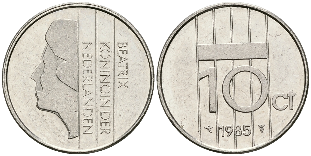 НИДЕРЛАНДЫ 10 ЦЕНТОВ 1985 БЕАТРИКС KM 203 никель 96-565