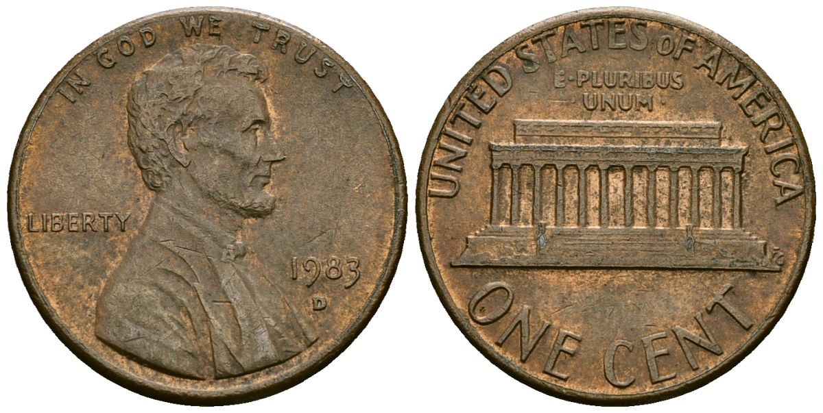 США 1 цент 1983 D, Линкольн KM 201b цинк плакированный медью 4136-224