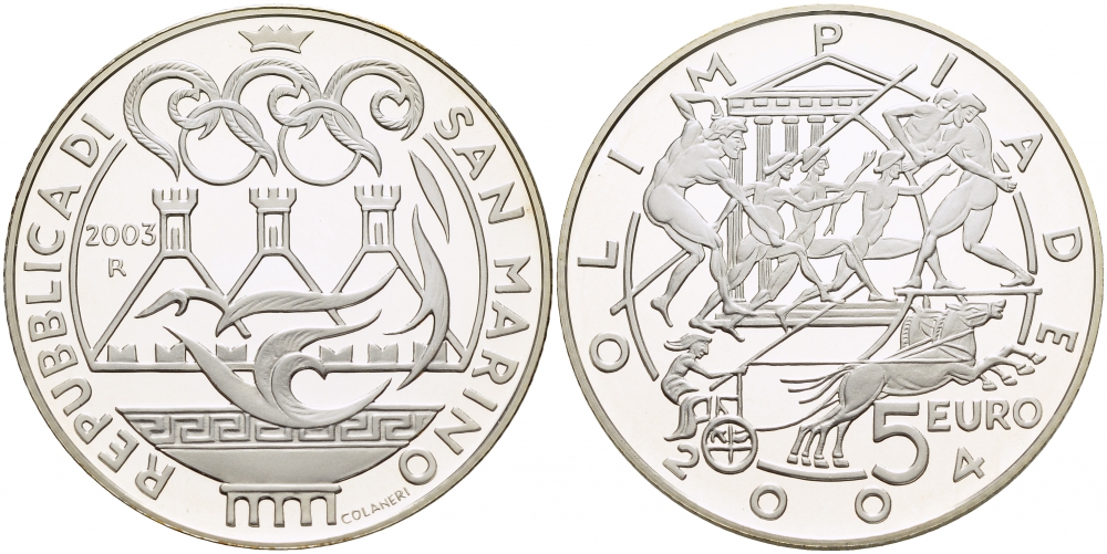 Сан-Марино 5 евро 2003 R,  Летние Олимпийские игры 2004 в Афинах KM 453 серебро PROOF 1087-2-14