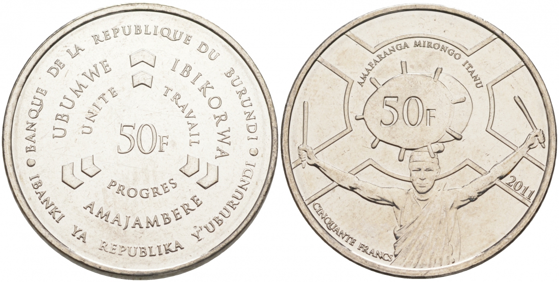 Бурунди 50 франков 2011 KM 22 сталь плакированная никелем UNC M2-08