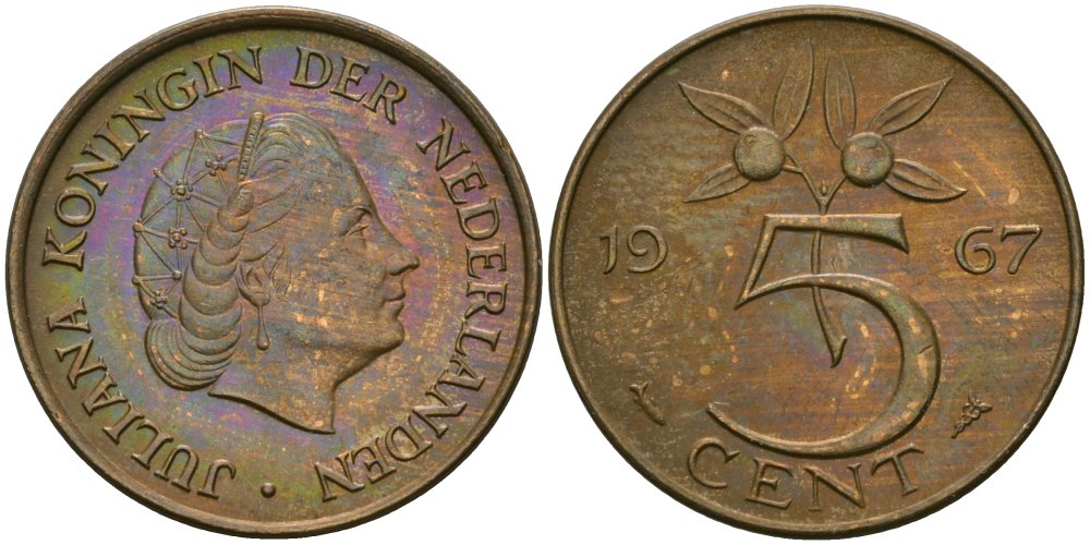 Нидерланды 5 центов 1967 Юлиана (1948-1980) KM 181 бронза 4579-622