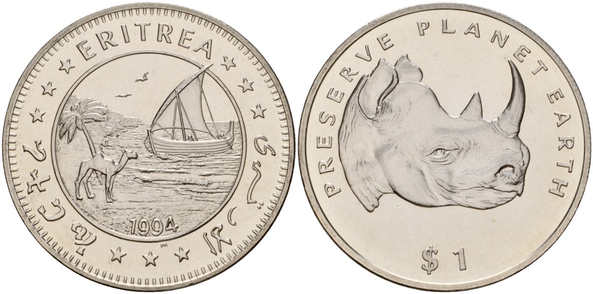 Эритрея 1 доллар 1994 серия берегите планету Земля, носорог KM 16 медно-никель UNC 4125-834