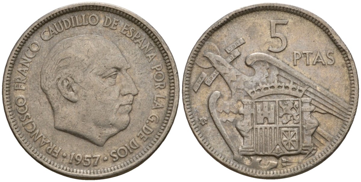 Испания 5 песет 1957 (61) Франсиско Франко (1939-1975) KM 786 медно-никель 186-523