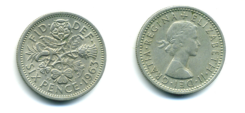 Великобритания 6 пенсов 1963 Елизавета II (1952-2022) KM 903, Spink 4149 медно-никель 89-1557