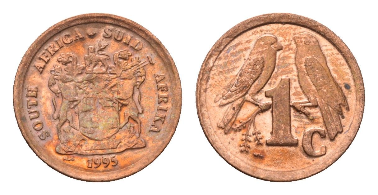ЮАР 1 цент 1995 герб, капские воробьи KM 132 сталь плакированная медью UNC 4694-131