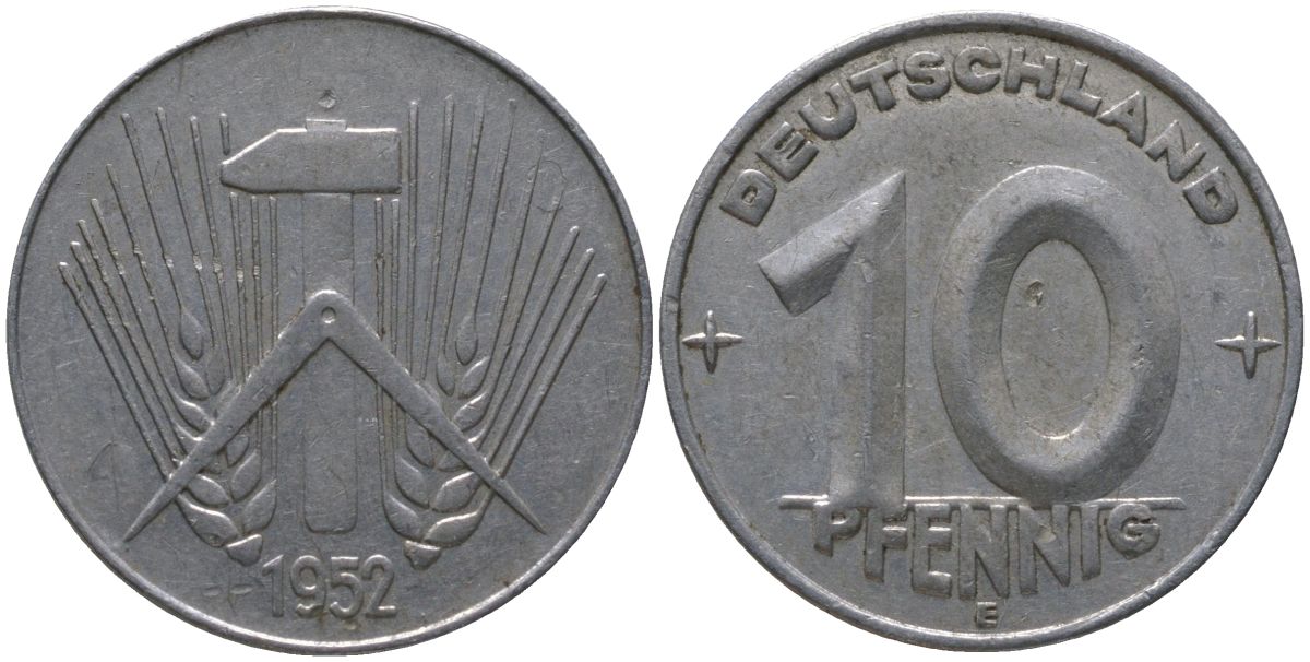 ГДР 10 пфеннигов 1952 E KM 7 алюминий 206-635