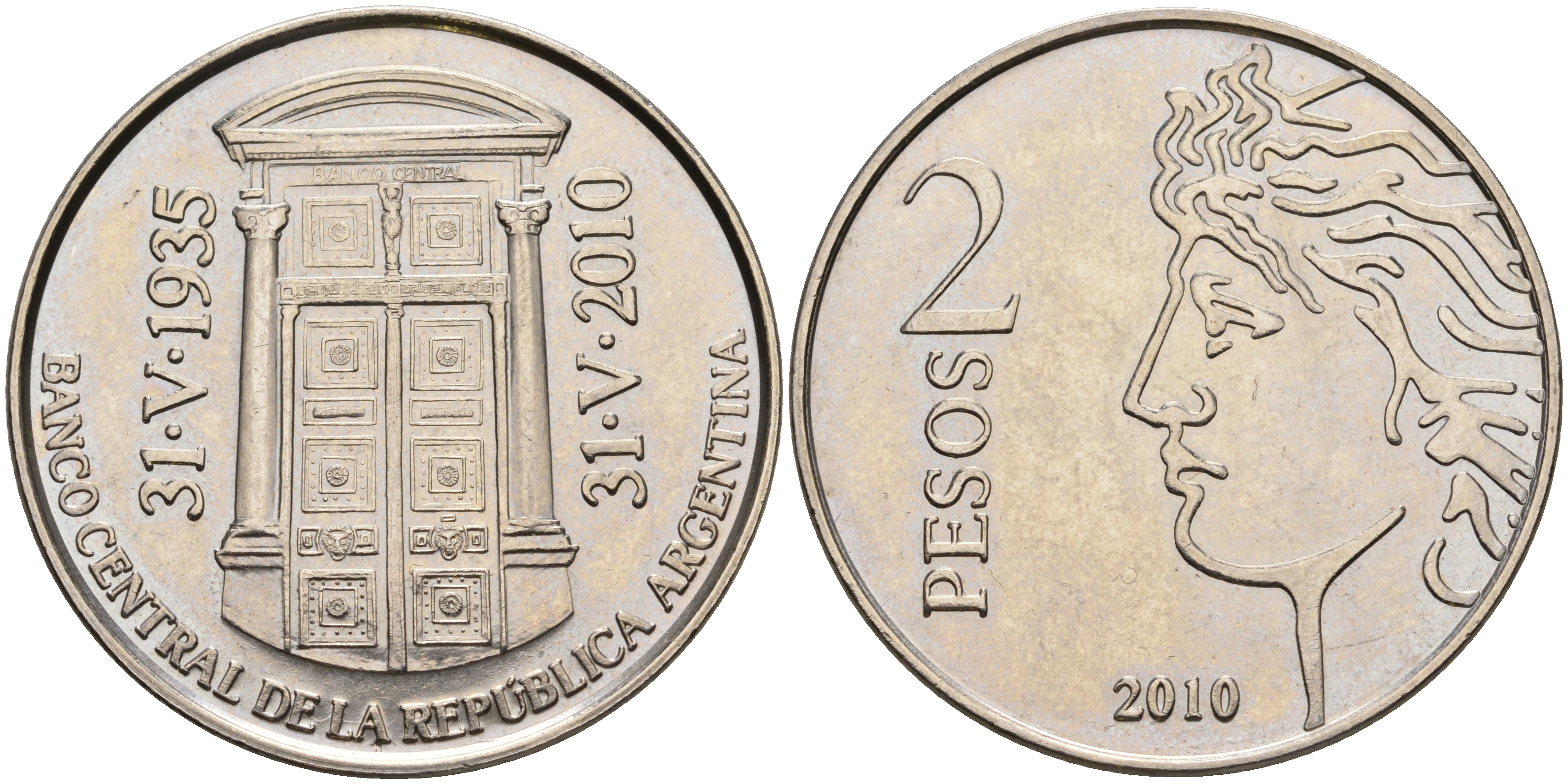 Аргентина 2 песо 2010 75 лет Центральному Банку KM 162 медно-никель  UNC  59-212