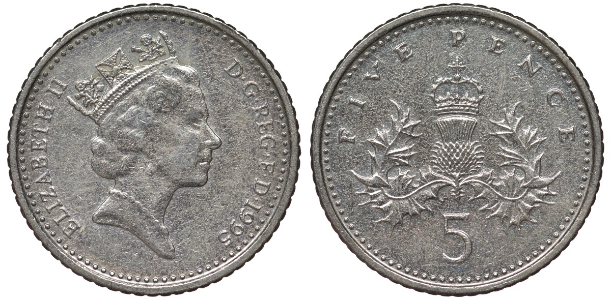 Великобритания 5 пенсов 1995 Елизавета II (1952-2022) KM 937b, Spink 4372 (D4) медно-никель 4124-653