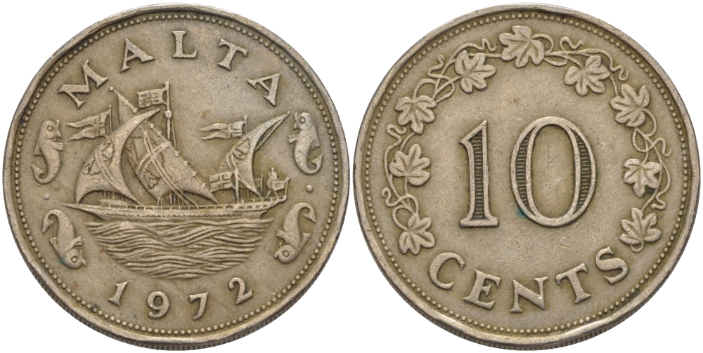 Мальта 10 центов 1972 баржа Великого магистра KM 11 медно-никель 82-534
