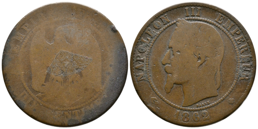 ФРАНЦИЯ 10 САНТИМОВ 1862 НАПОЛЕОН III (1852-1870) KM 798, LA FRANC 134 бронза 47-133