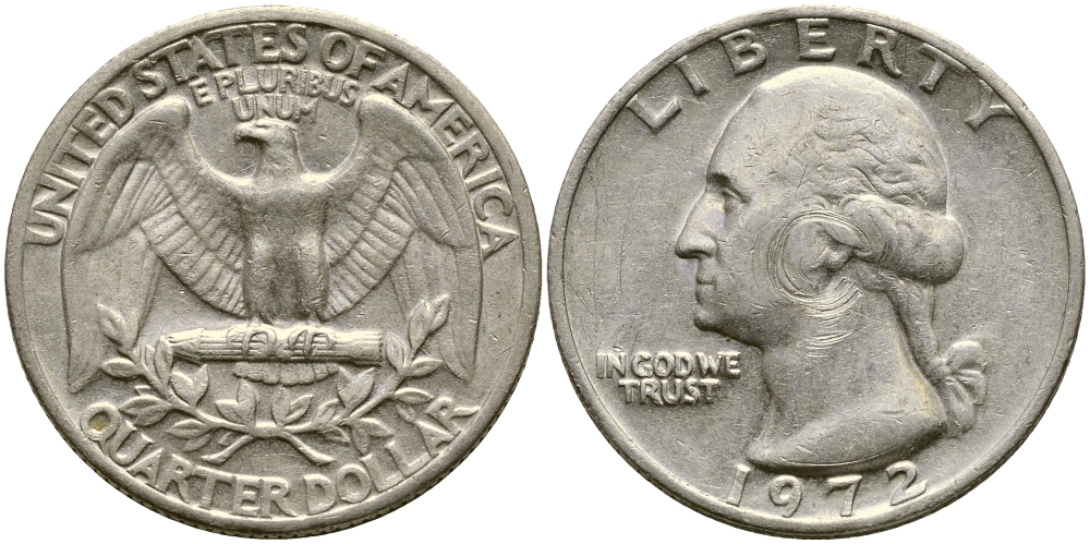 США 25 центов (квотер) 1972 Вашингтон KM 164а медь плакированная медно-никелем 4388-331